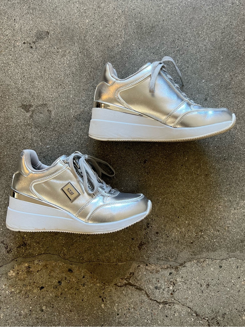 DKNY Metallic Silver Wedge Sneaker - Women